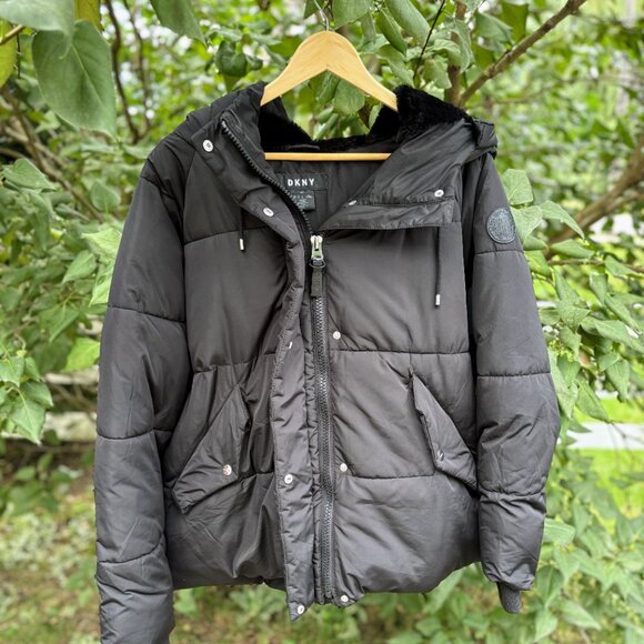 Black Puffer Jacket, Black Bomber Jacket, Fur hood, Oversized Black Coat, DKNY - Picture 1 of 13